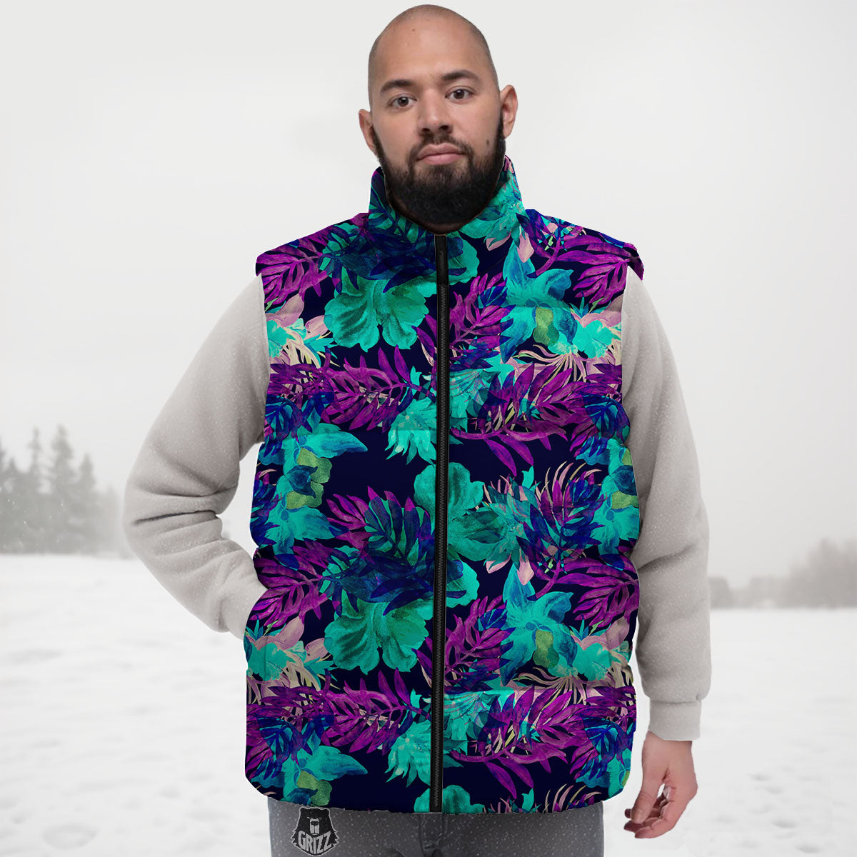 Leaf Green And Purple Print Pattern Down Vest