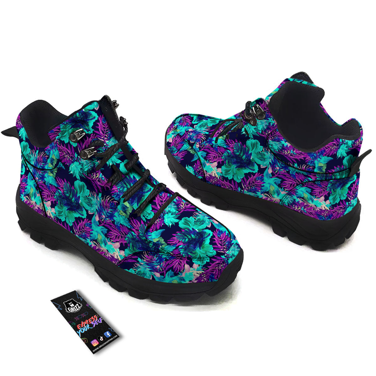 Leaf Green And Purple Print Pattern Hiking Shoes-grizzshop