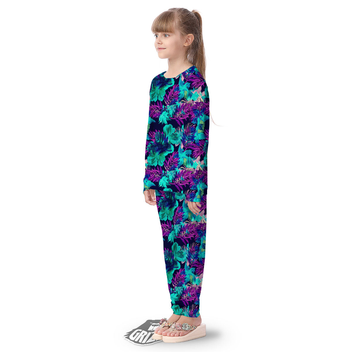 Leaf Green And Purple Print Pattern Kid's Pajamas-grizzshop