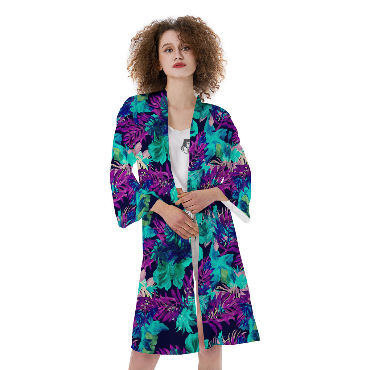 Leaf Green And Purple Print Pattern Kimono-grizzshop