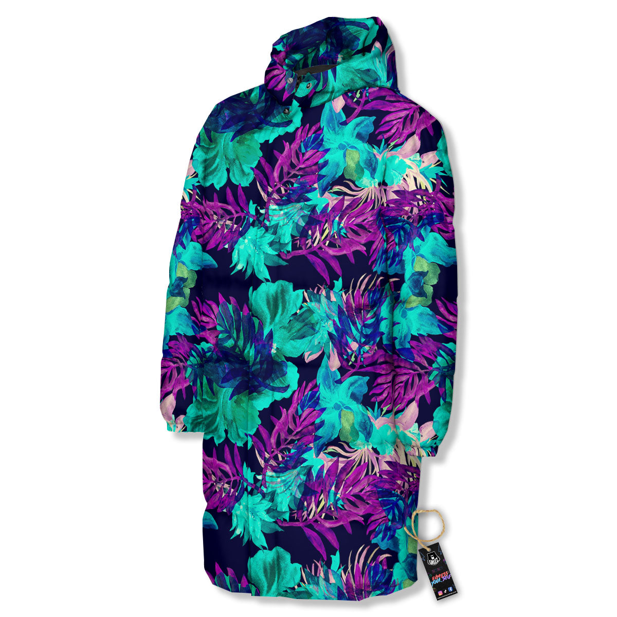 Leaf Green And Purple Print Pattern Long Down Jacket-grizzshop