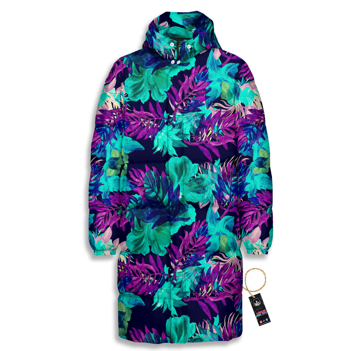 Leaf Green And Purple Print Pattern Long Down Jacket-grizzshop