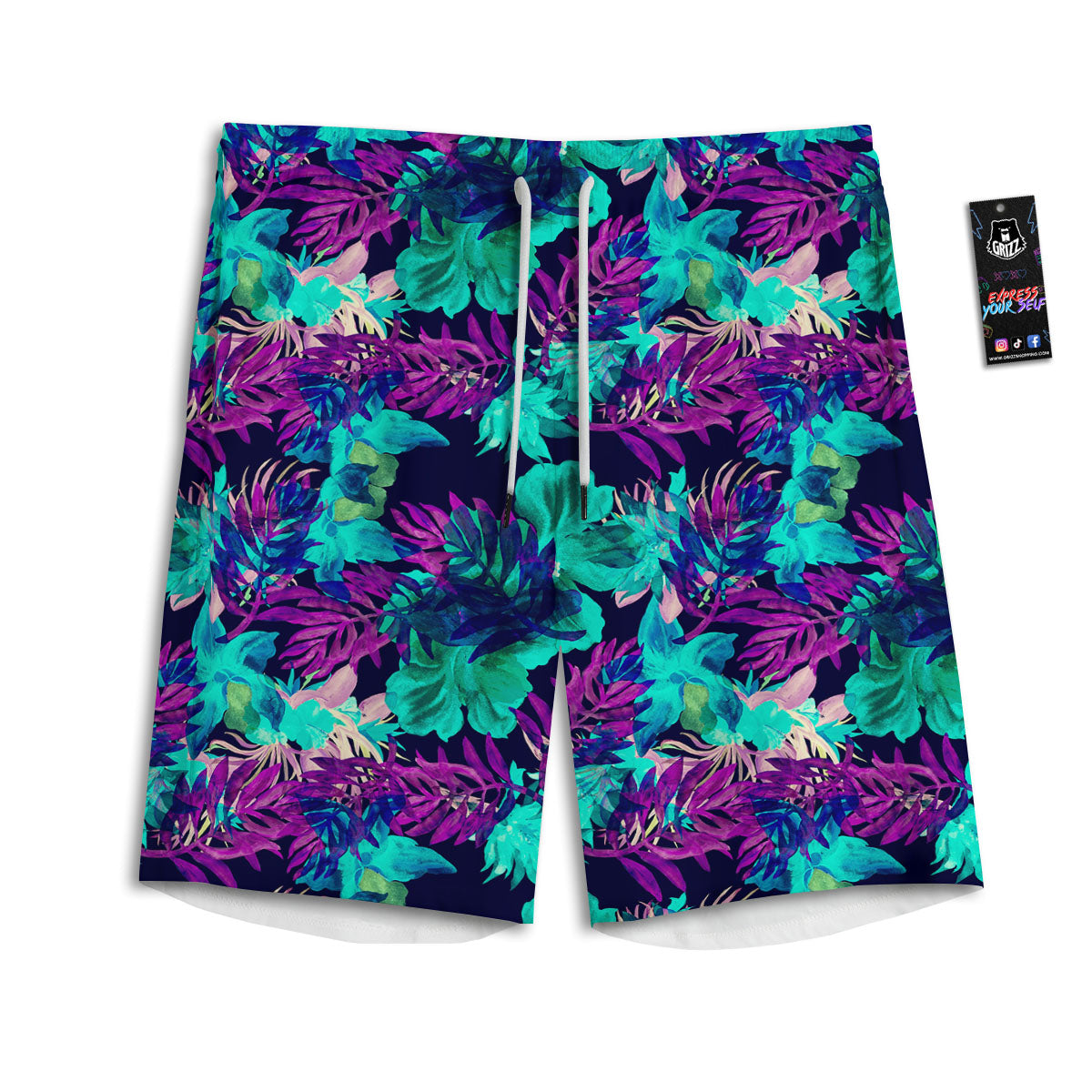 Leaf Green And Purple Print Pattern Men's Athletic Shorts