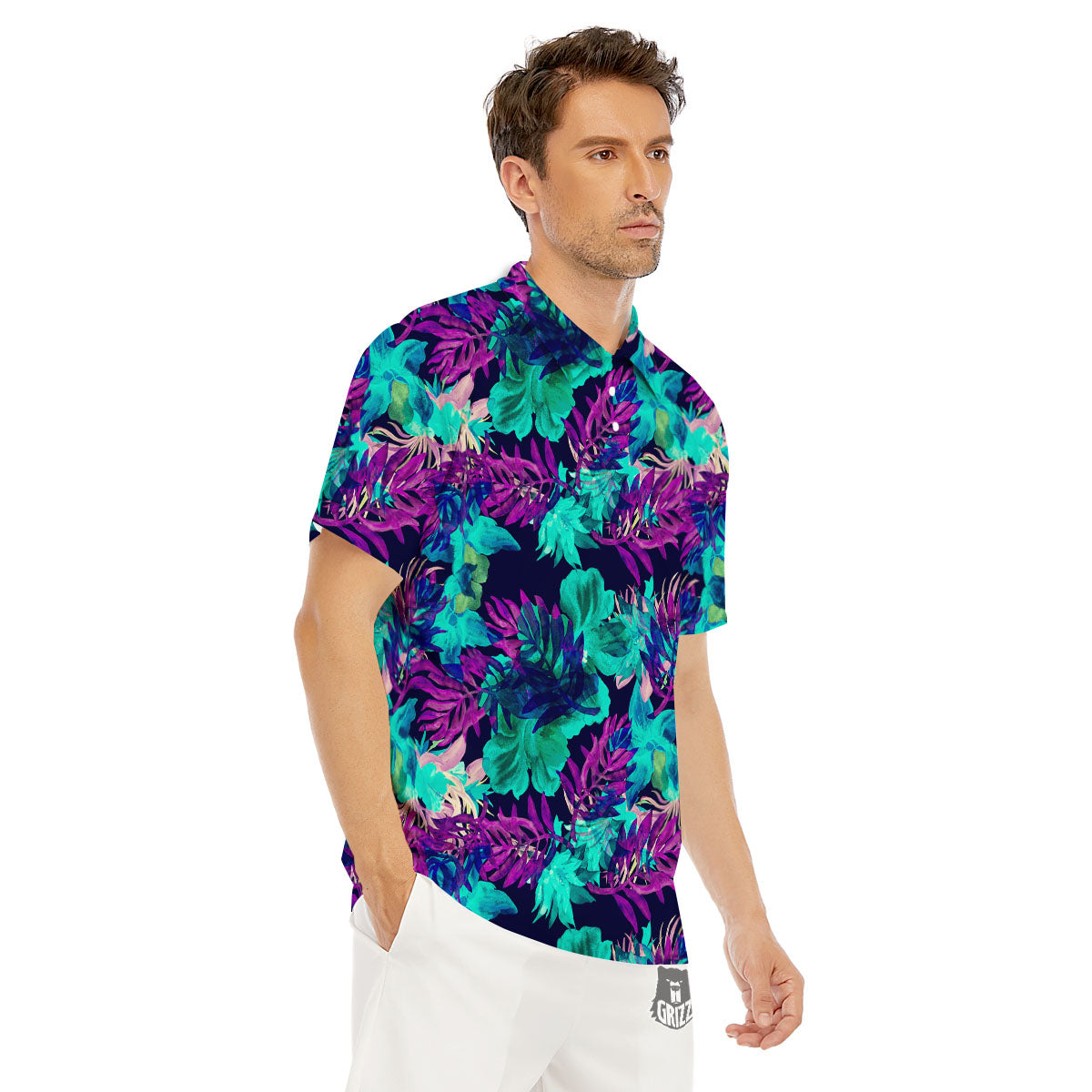 Leaf Green And Purple Print Pattern Men's Golf Shirts-grizzshop