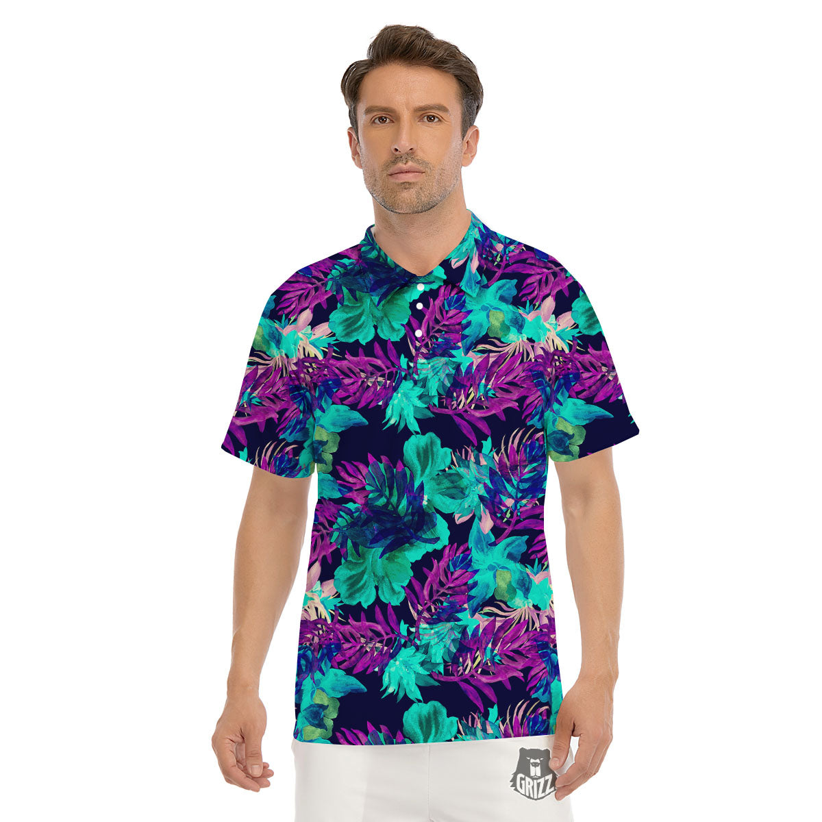 Leaf Green And Purple Print Pattern Men's Golf Shirts-grizzshop