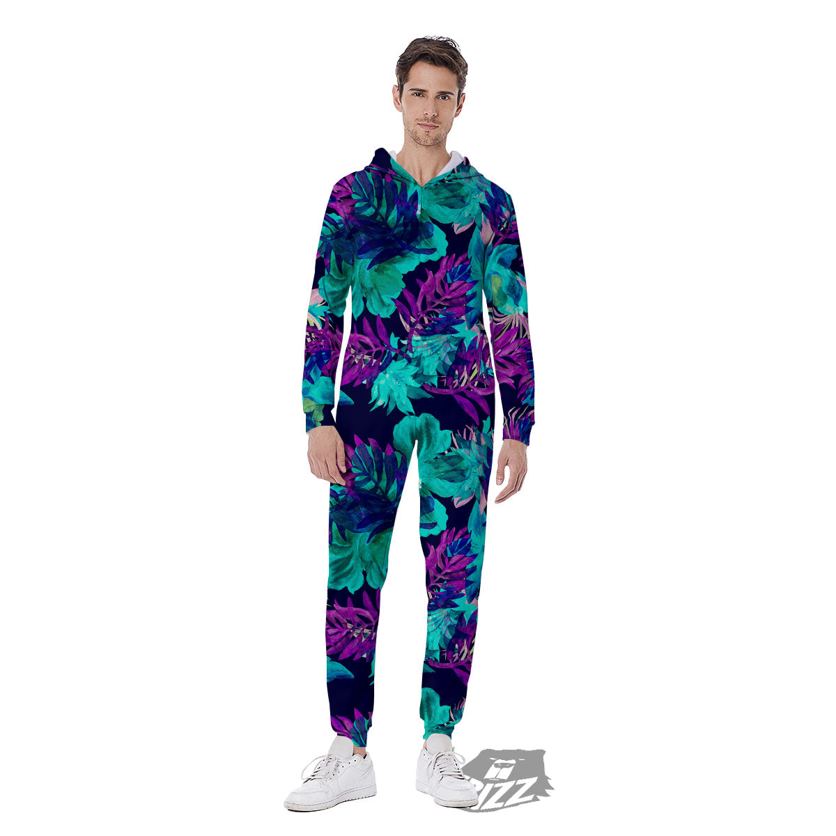 Leaf Green And Purple Print Pattern Men's Jumpsuit-grizzshop