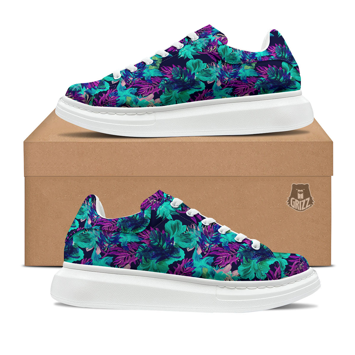 Leaf Green And Purple Print Pattern Platform Shoes-grizzshop