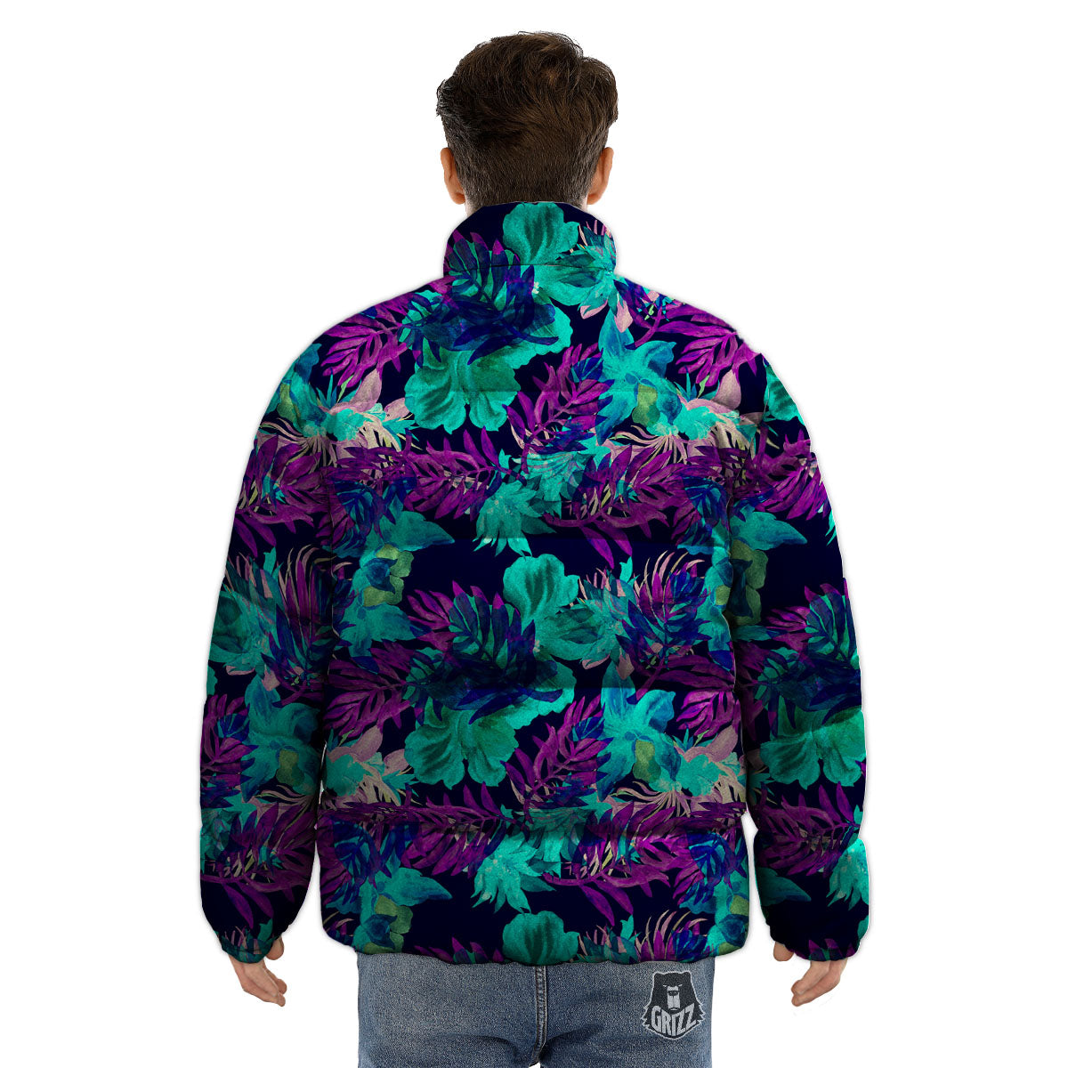 Leaf Green And Purple Print Pattern Puffer Jacket-grizzshop