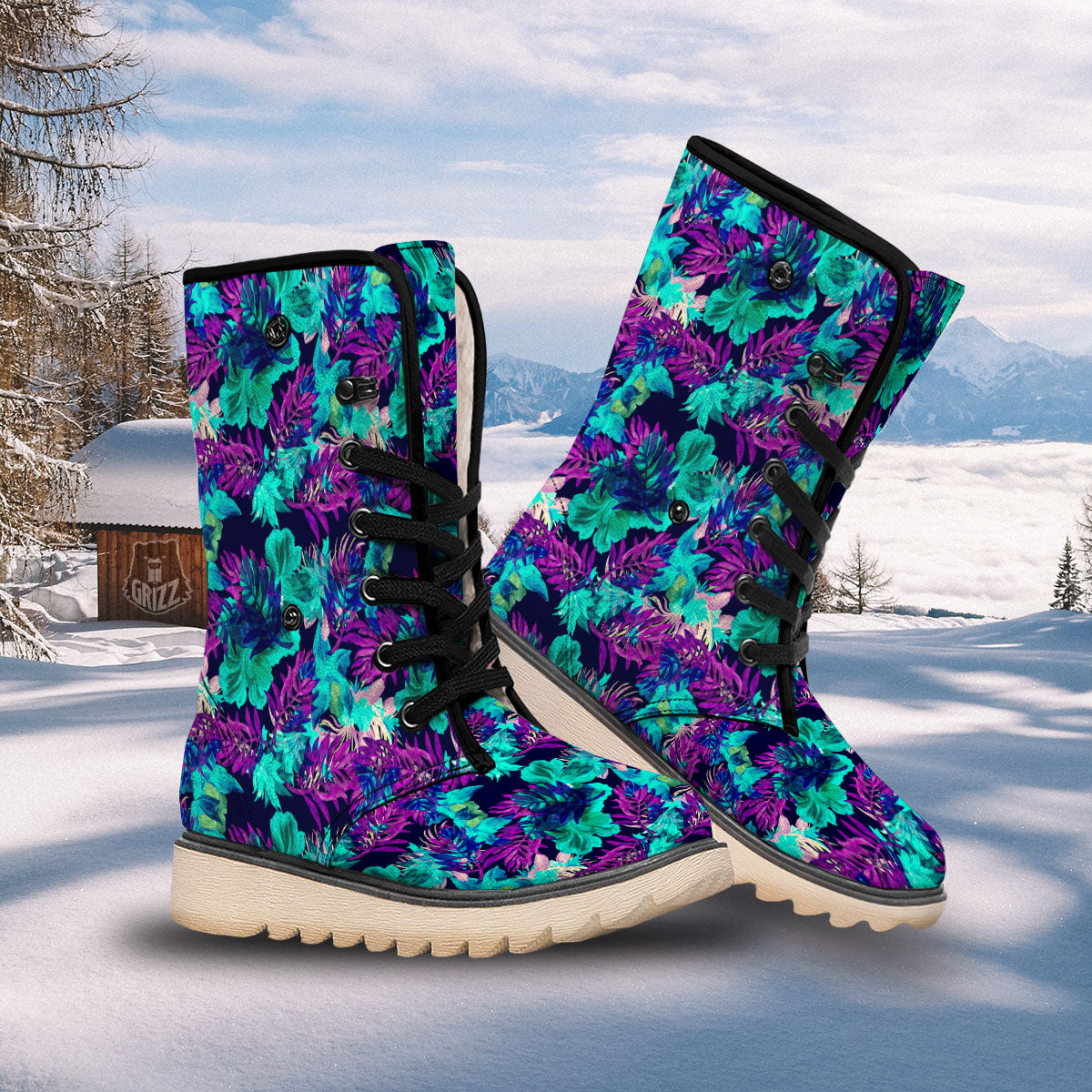 Leaf Green And Purple Print Pattern Snow Boots-grizzshop
