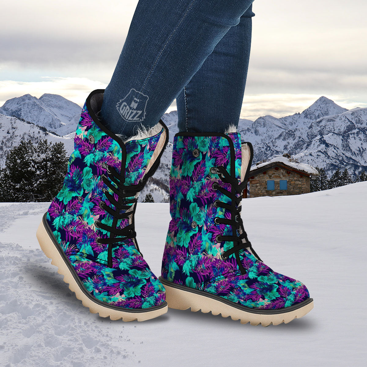 Leaf Green And Purple Print Pattern Snow Boots-grizzshop