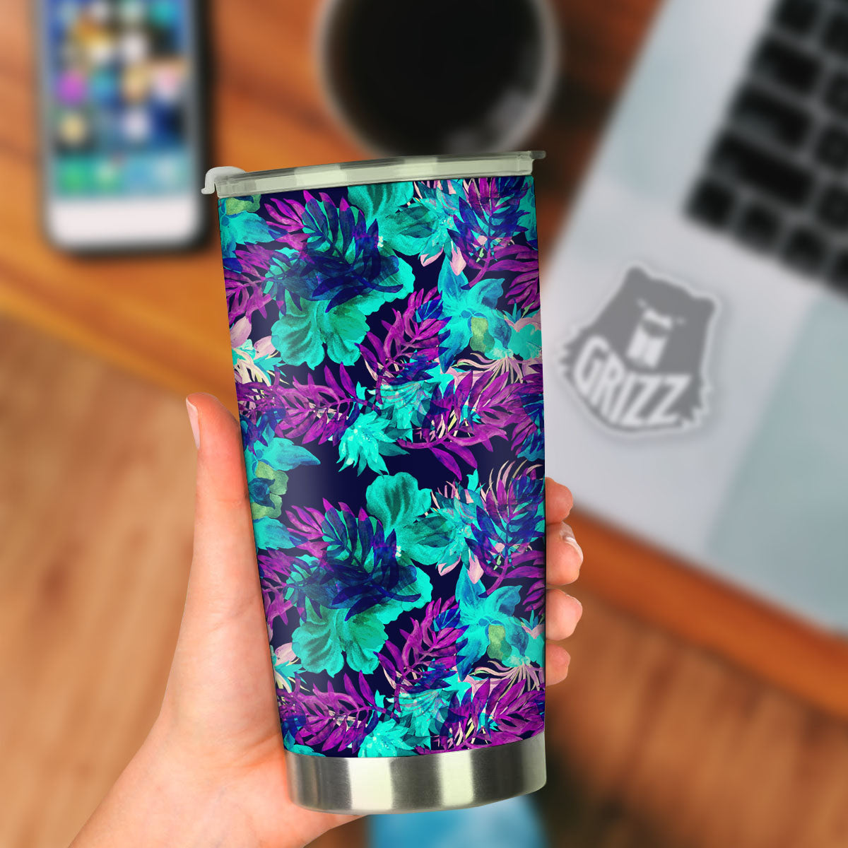 Leaf Green And Purple Print Pattern Tumbler-grizzshop