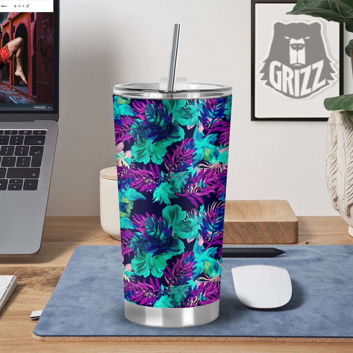 Leaf Green And Purple Print Pattern Tumbler-grizzshop