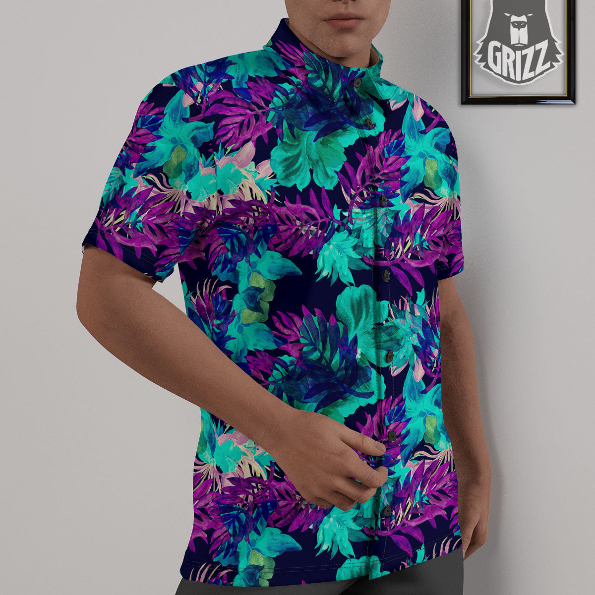 Leaf Green And Purple Print Pattern Untucked Shirts-grizzshop