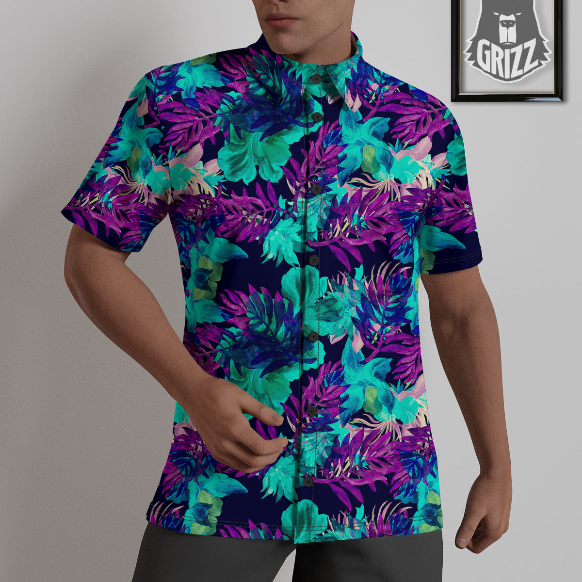 Leaf Green And Purple Print Pattern Untucked Shirts-grizzshop