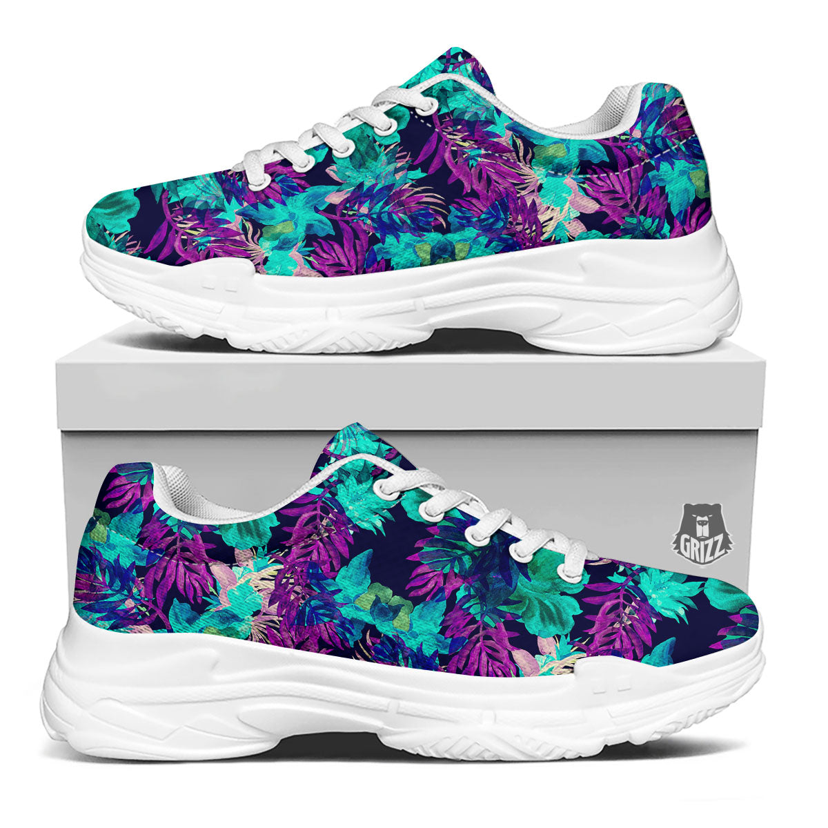 Leaf Green And Purple Print Pattern White Chunky Shoes-grizzshop