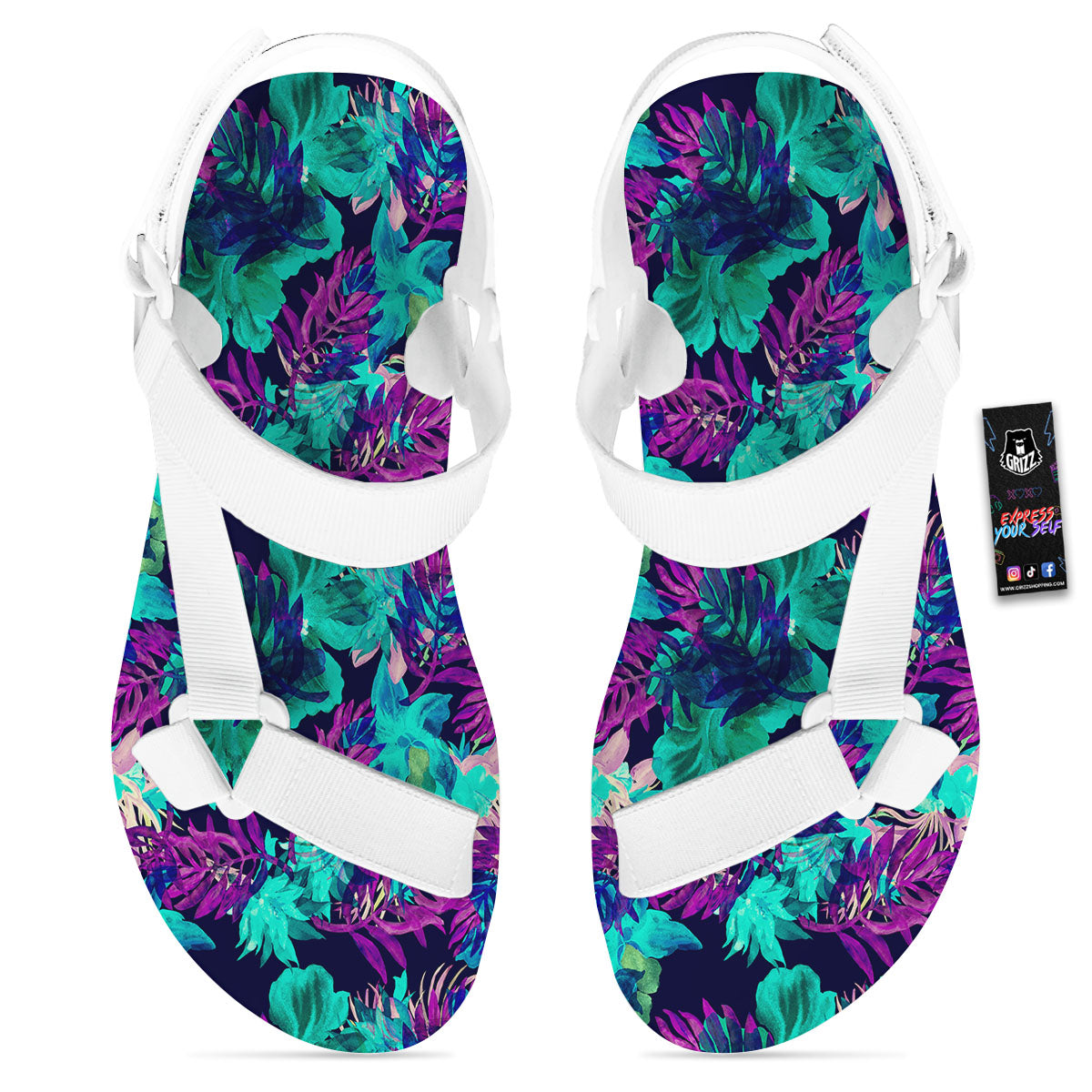Leaf Green And Purple Print Pattern White Open Toe Sandals-grizzshop