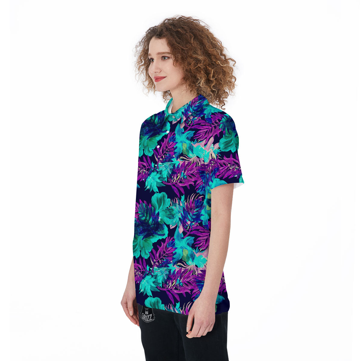 Leaf Green And Purple Print Pattern Women's Golf Shirts-grizzshop