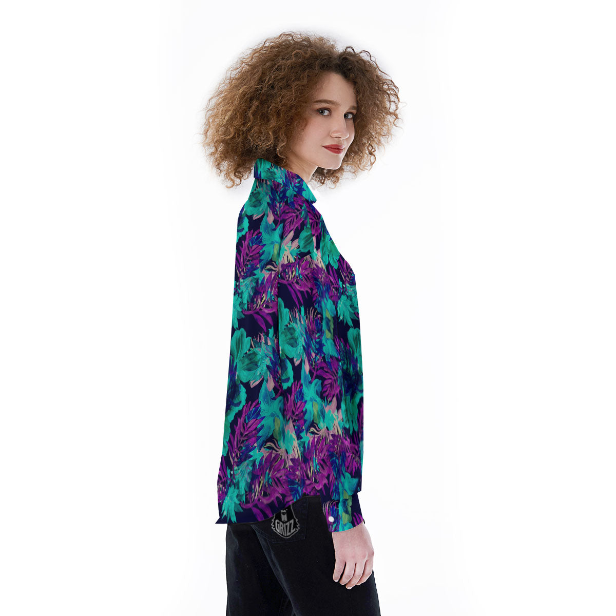 Leaf Green And Purple Print Pattern Women's Long Sleeve Shirts-grizzshop