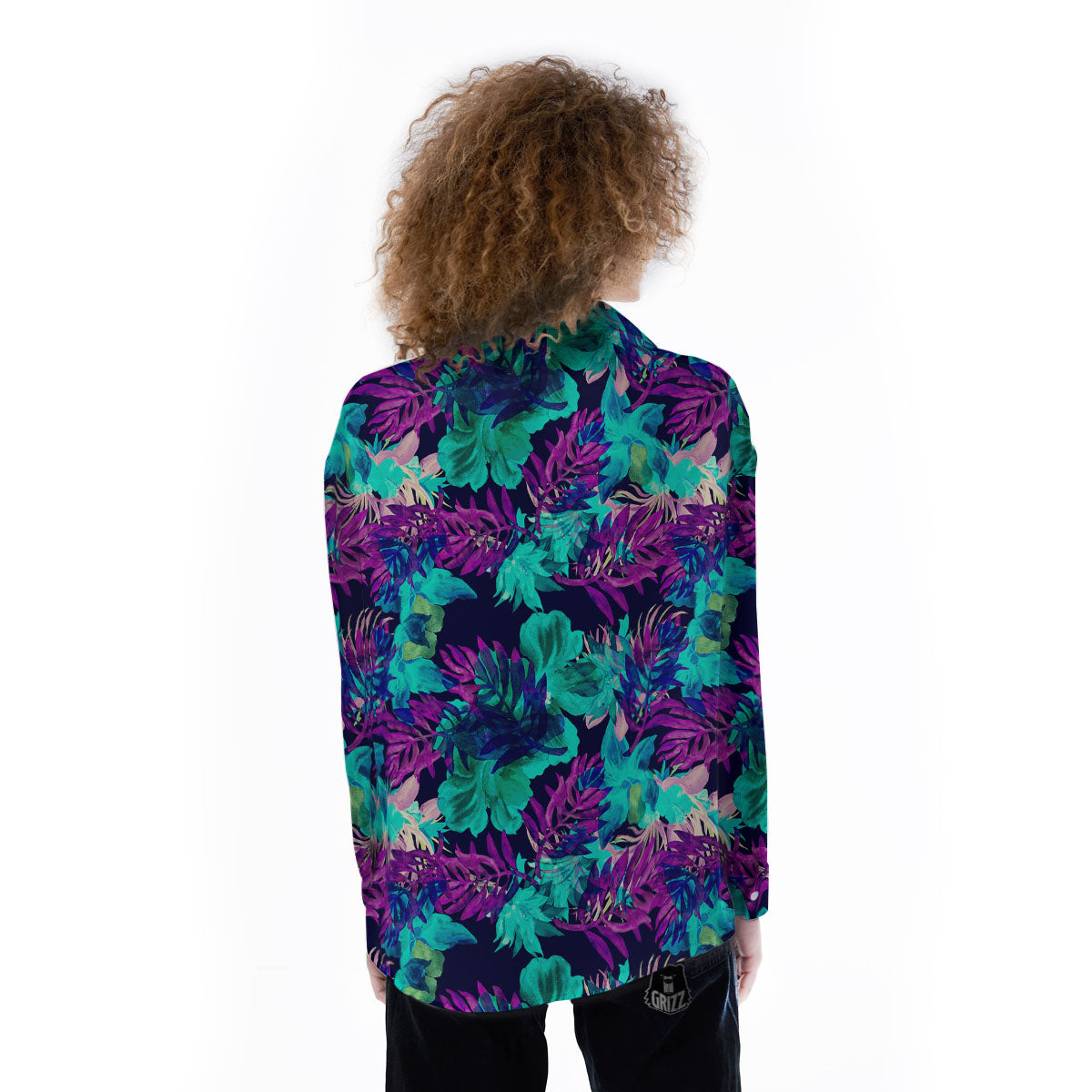 Leaf Green And Purple Print Pattern Women's Long Sleeve Shirts-grizzshop