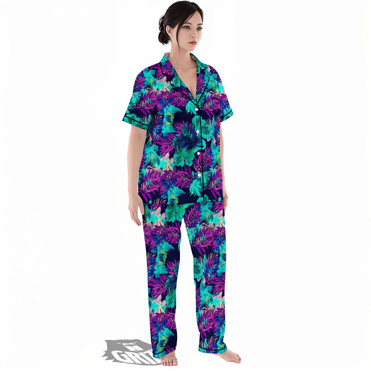 Leaf Green And Purple Print Pattern Women's Pajamas Set-grizzshop