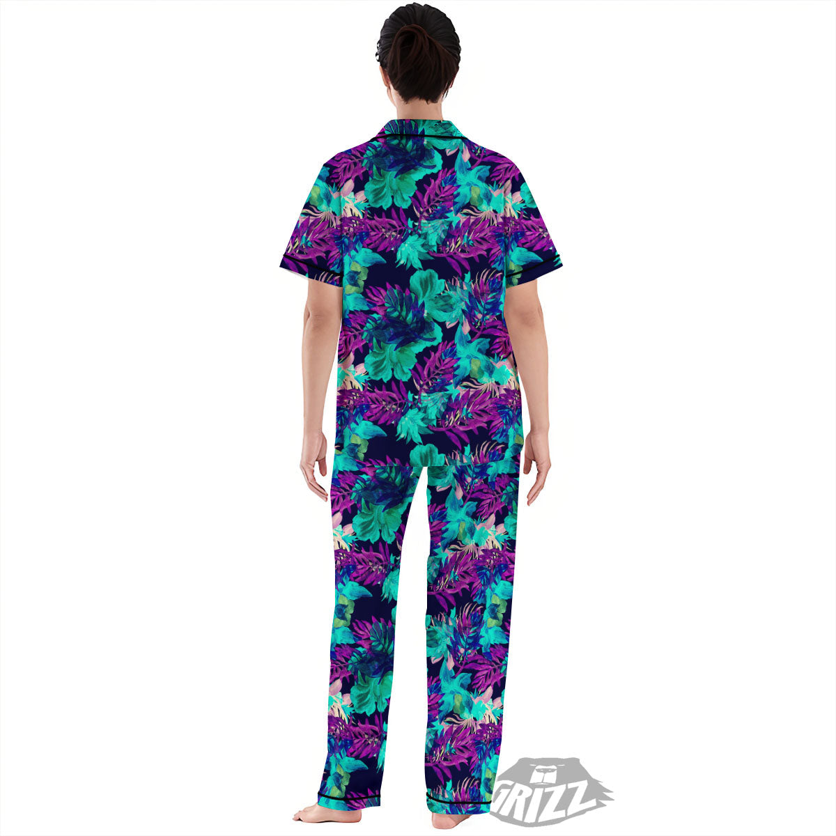 Leaf Green And Purple Print Pattern Women's Pajamas Set-grizzshop