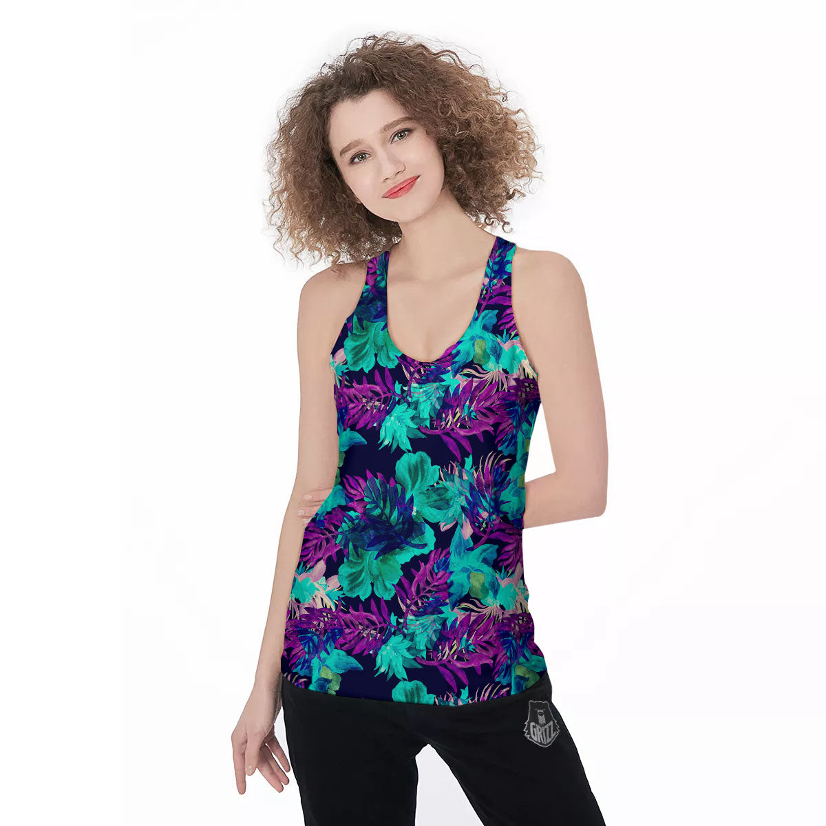 Leaf Green And Purple Print Pattern Women's Racerback Tank Top-grizzshop