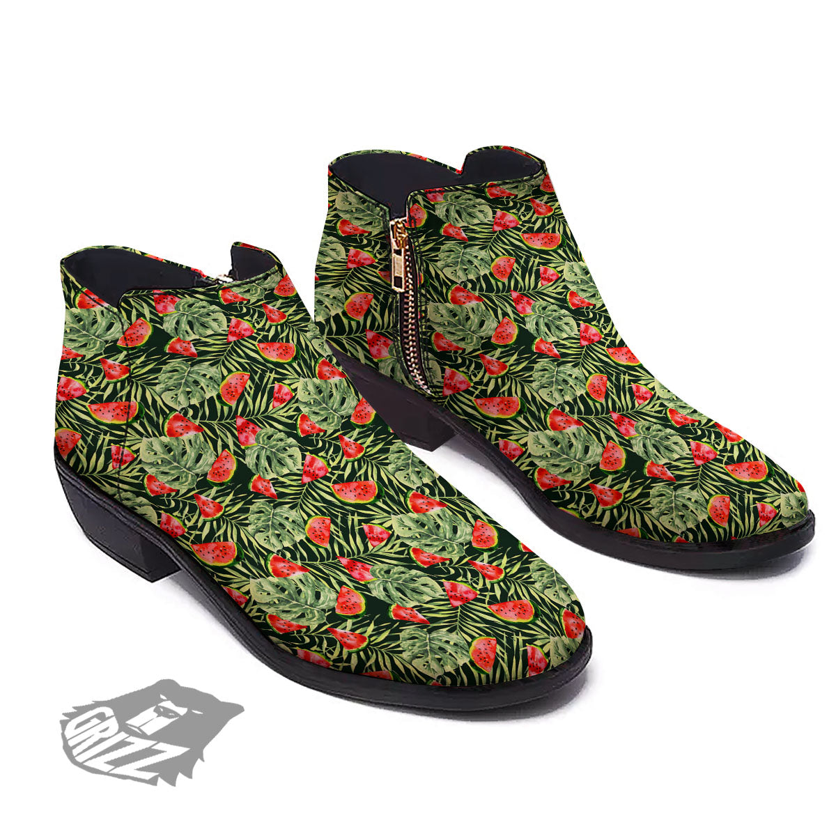 Leaf Palm Watermelon Black Print Pattern Ankle Boots-grizzshop