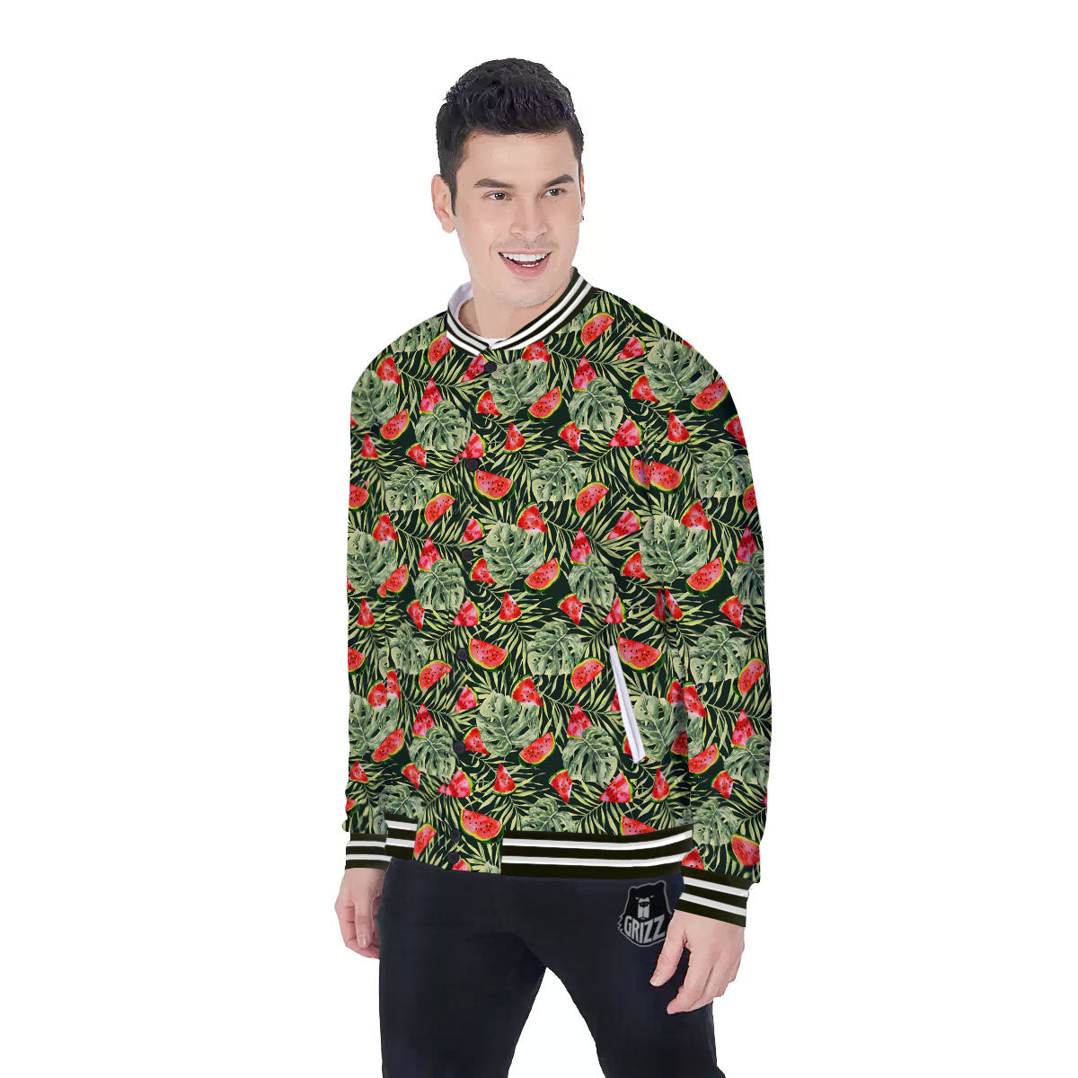 Leaf Palm Watermelon Black Print Pattern Baseball Jacket-grizzshop