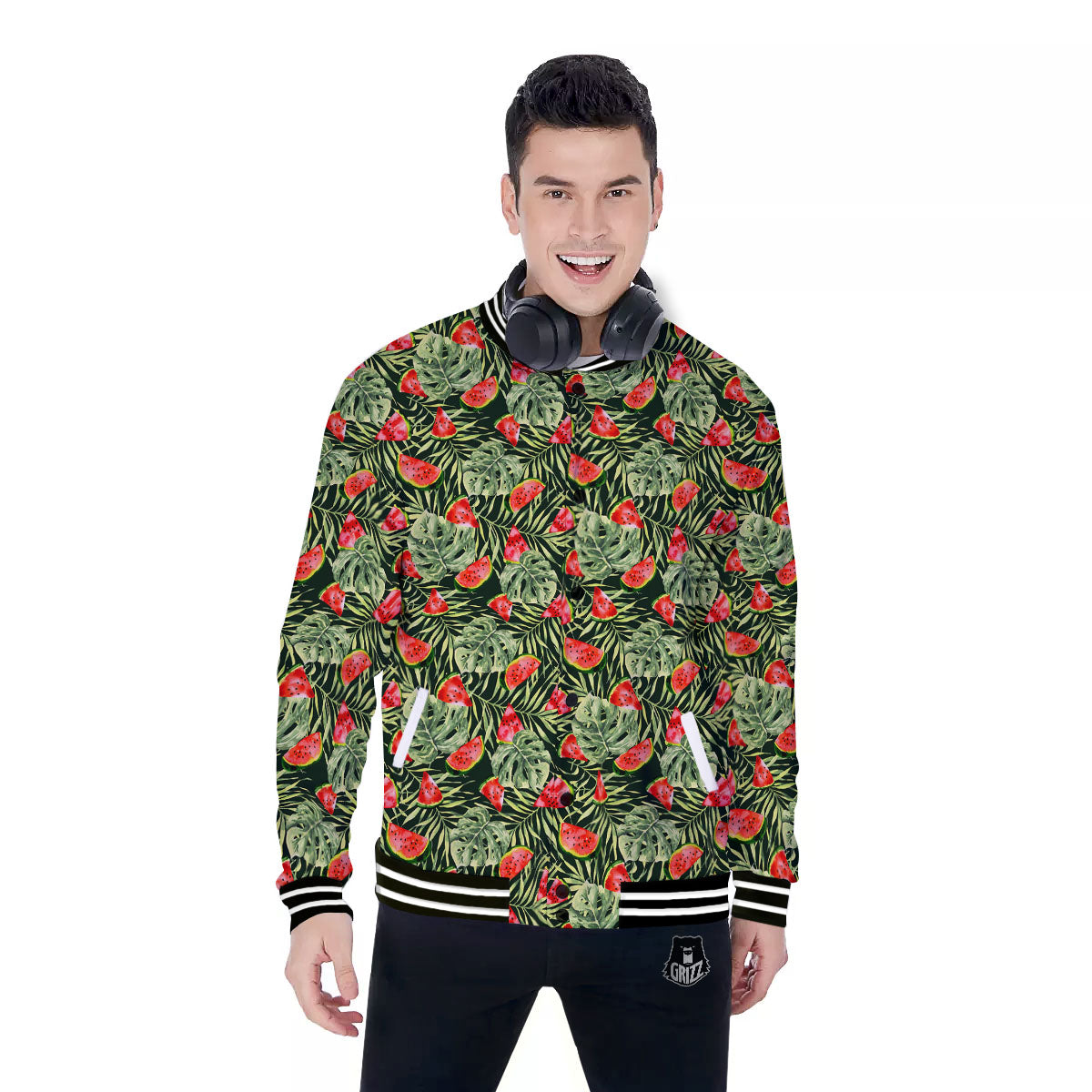 Leaf Palm Watermelon Black Print Pattern Baseball Jacket-grizzshop