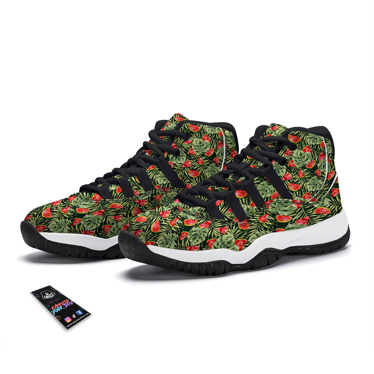 Leaf Palm Watermelon Black Print Pattern Black Bball Shoes-grizzshop