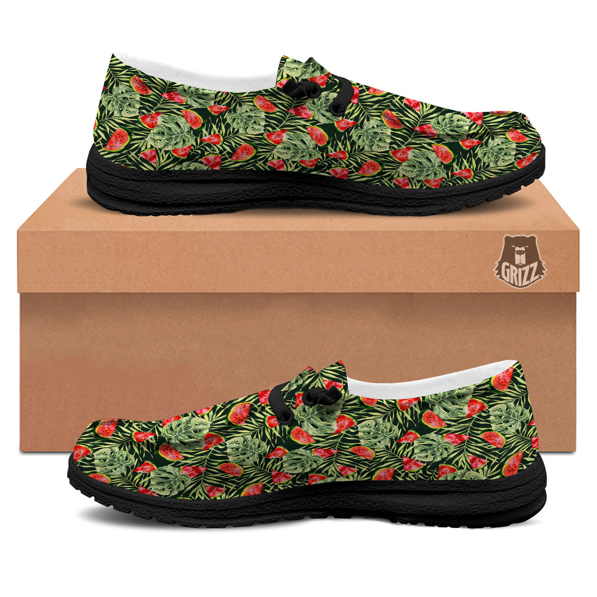 Leaf Palm Watermelon Black Print Pattern Black Loafers-grizzshop