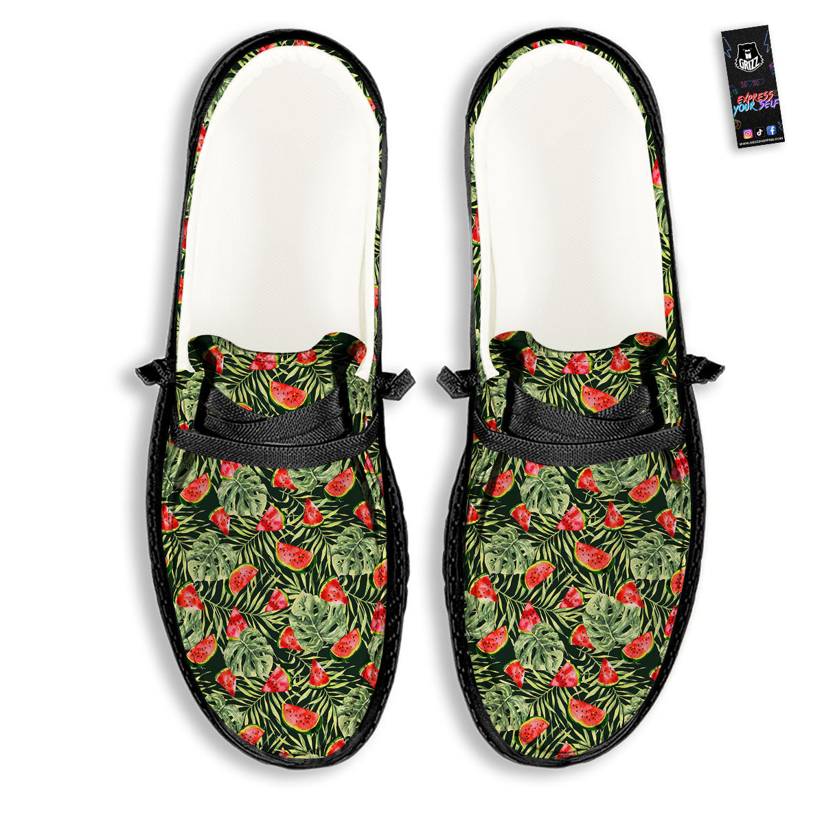 Leaf Palm Watermelon Black Print Pattern Black Loafers-grizzshop