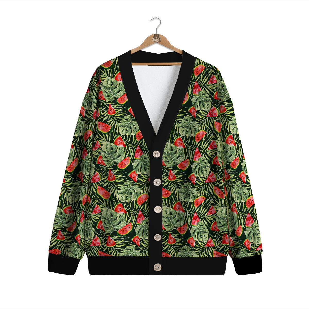 Leaf Palm Watermelon Black Print Pattern Cardigan-grizzshop