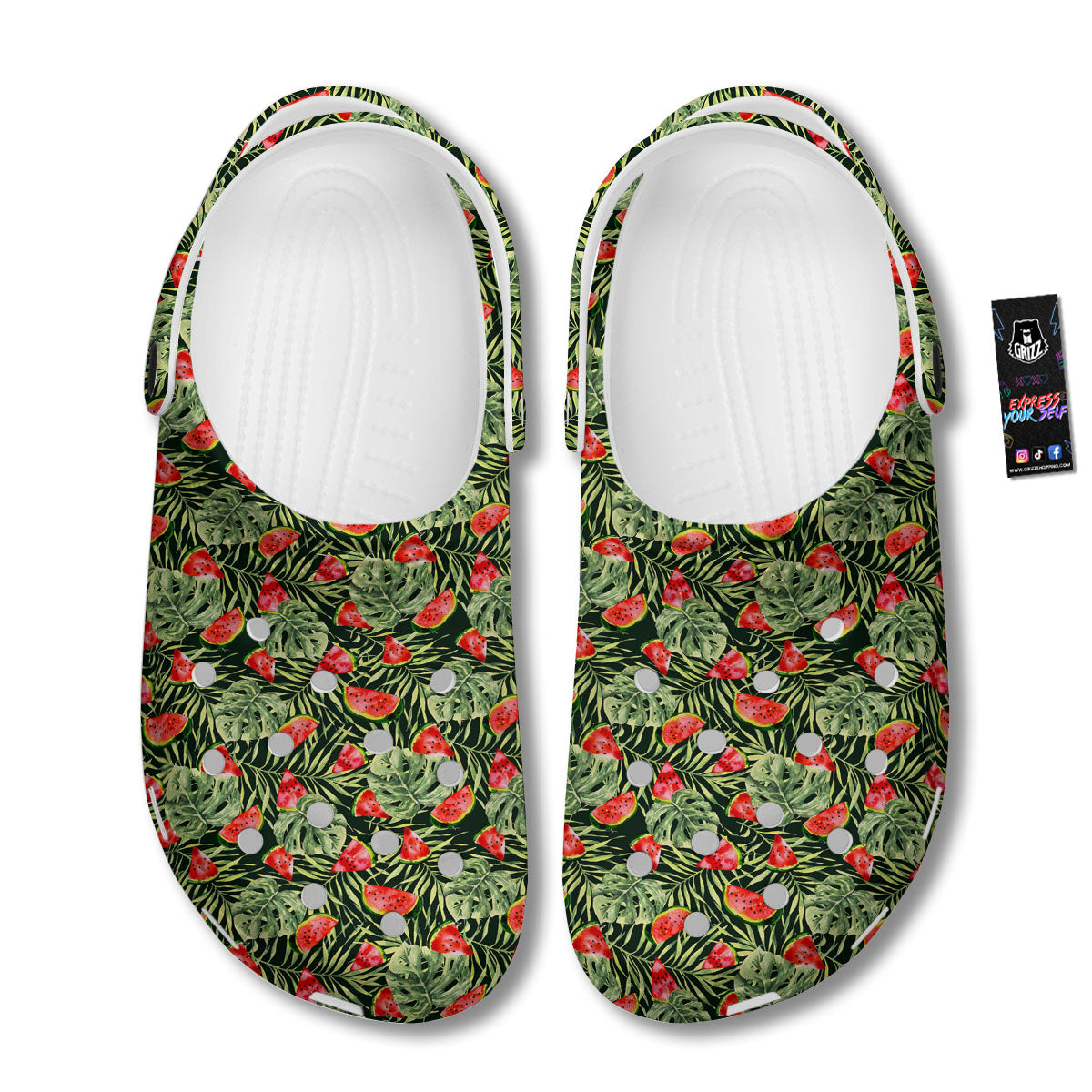 Leaf Palm Watermelon Black Print Pattern Clog-grizzshop