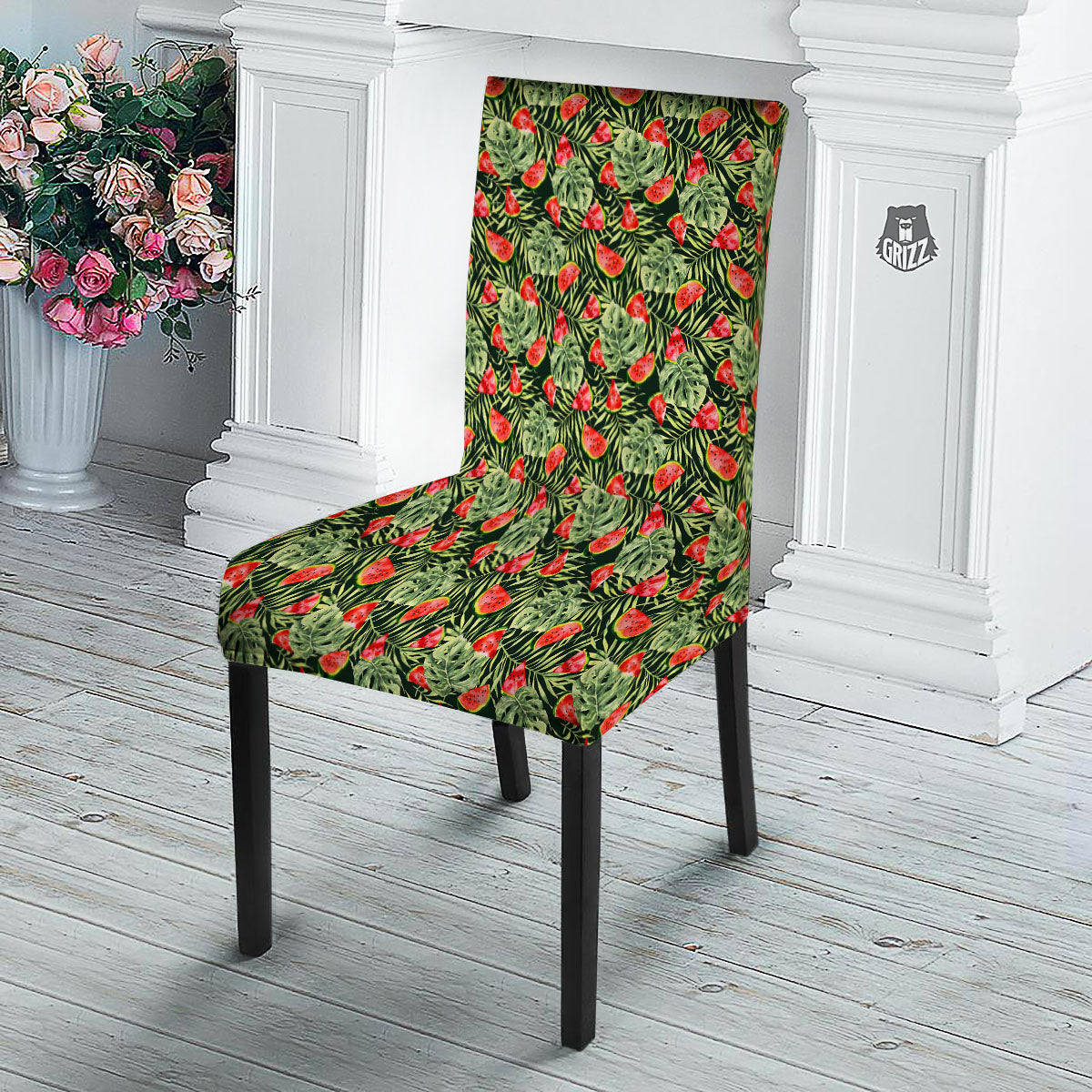 Leaf Palm Watermelon Black Print Pattern Dining Chair Slipcover-grizzshop