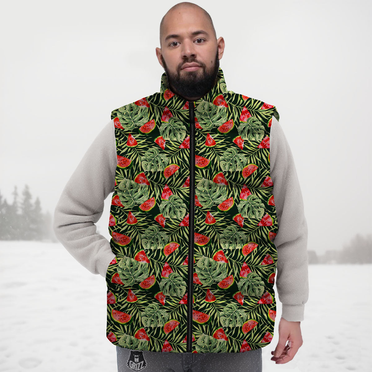 Leaf Palm Watermelon Black Print Pattern Down Vest