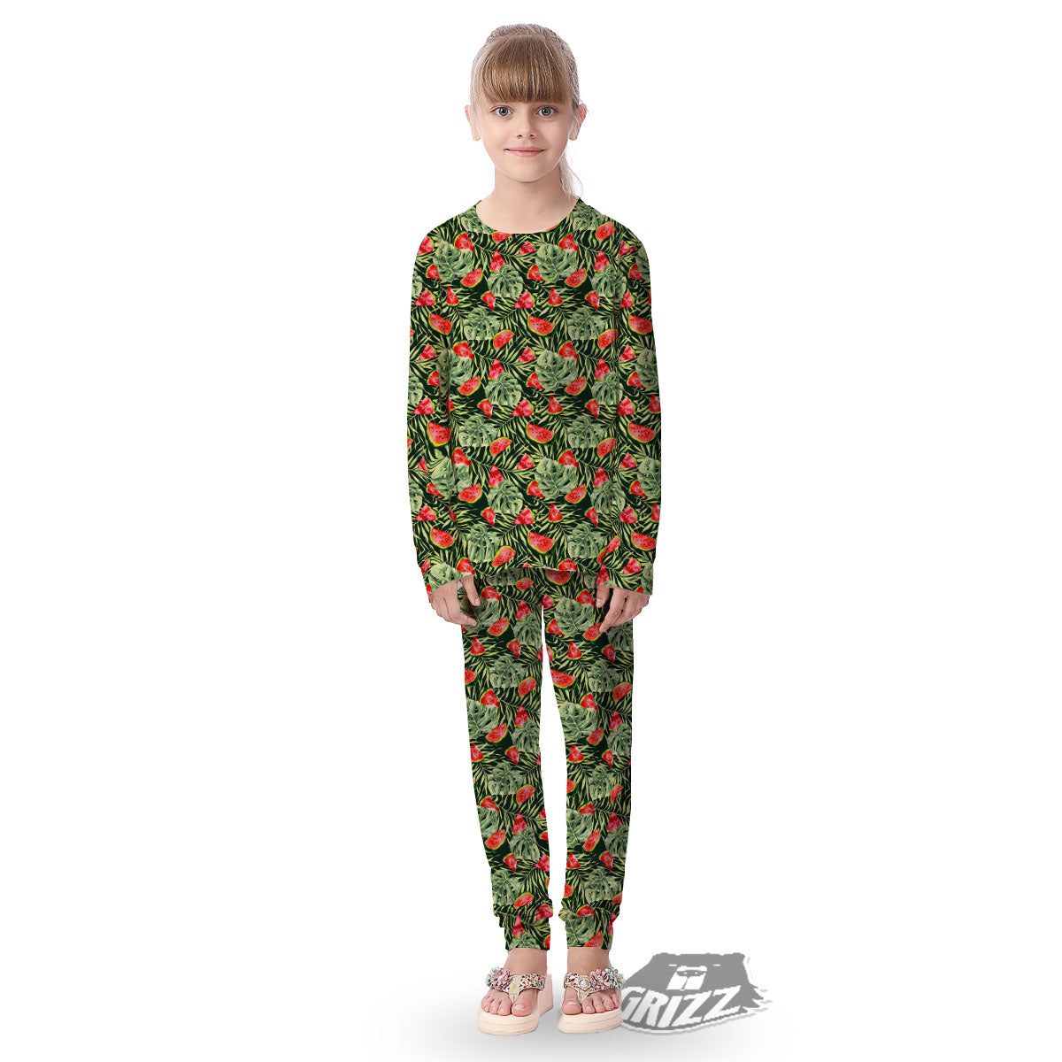 Leaf Palm Watermelon Black Print Pattern Kid's Pajamas-grizzshop