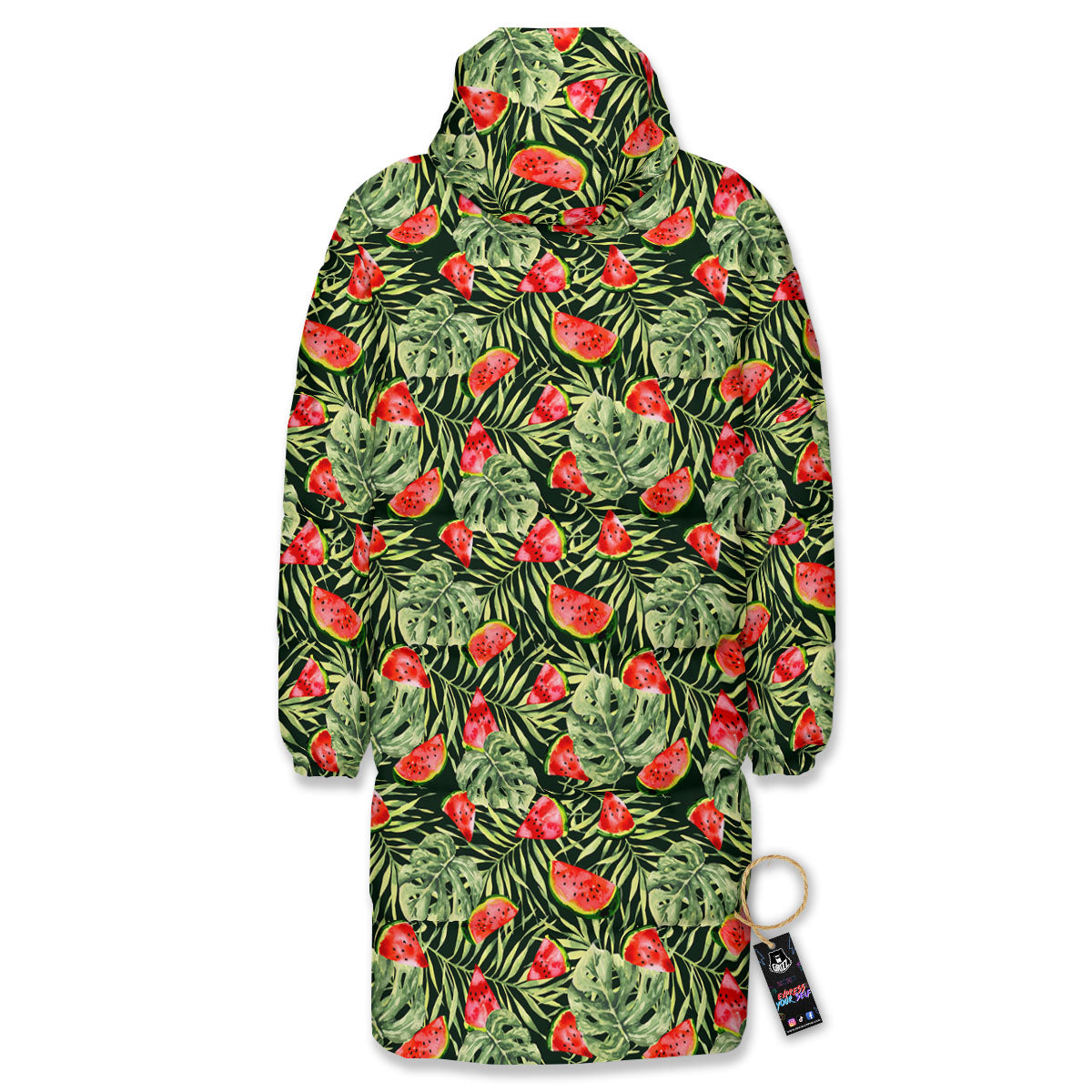 Leaf Palm Watermelon Black Print Pattern Long Down Jacket-grizzshop