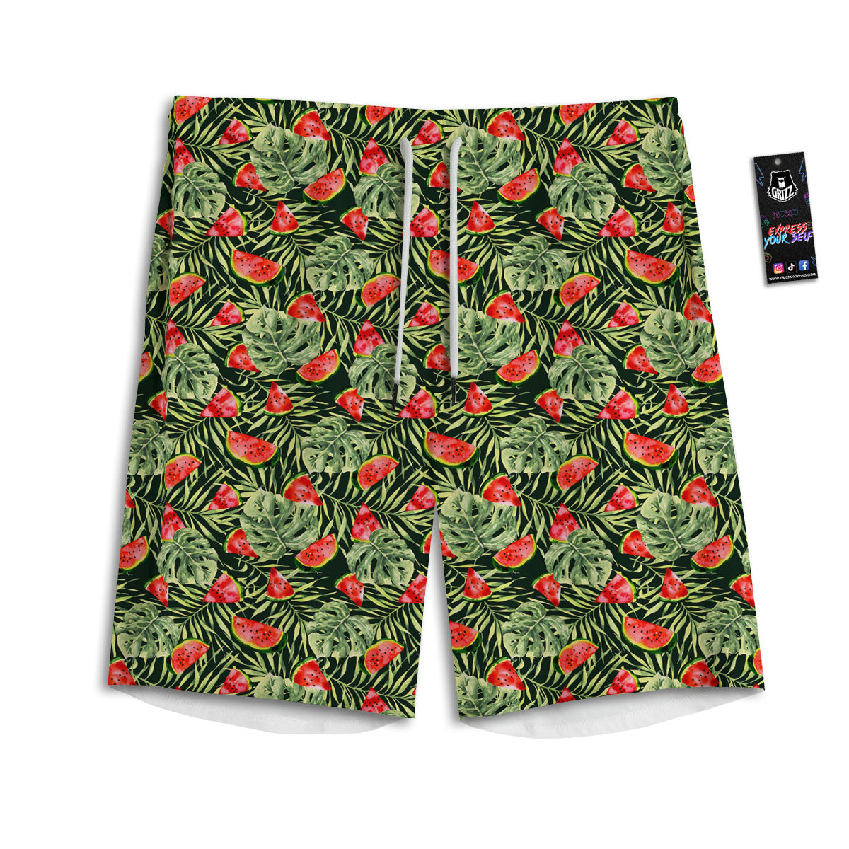 Leaf Palm Watermelon Black Print Pattern Men's Athletic Shorts