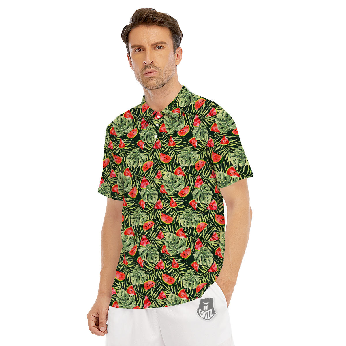 Leaf Palm Watermelon Black Print Pattern Men's Golf Shirts-grizzshop