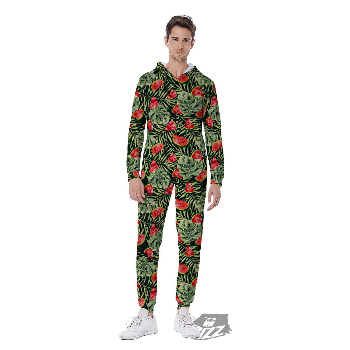 Leaf Palm Watermelon Black Print Pattern Men's Jumpsuit-grizzshop
