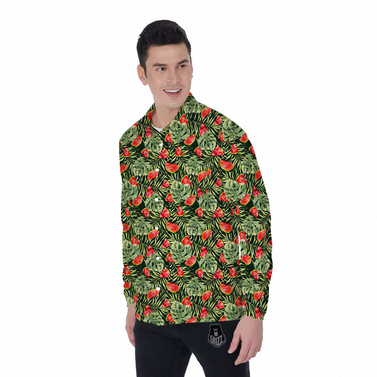 Leaf Palm Watermelon Black Print Pattern Men's Long Sleeve Shirts-grizzshop