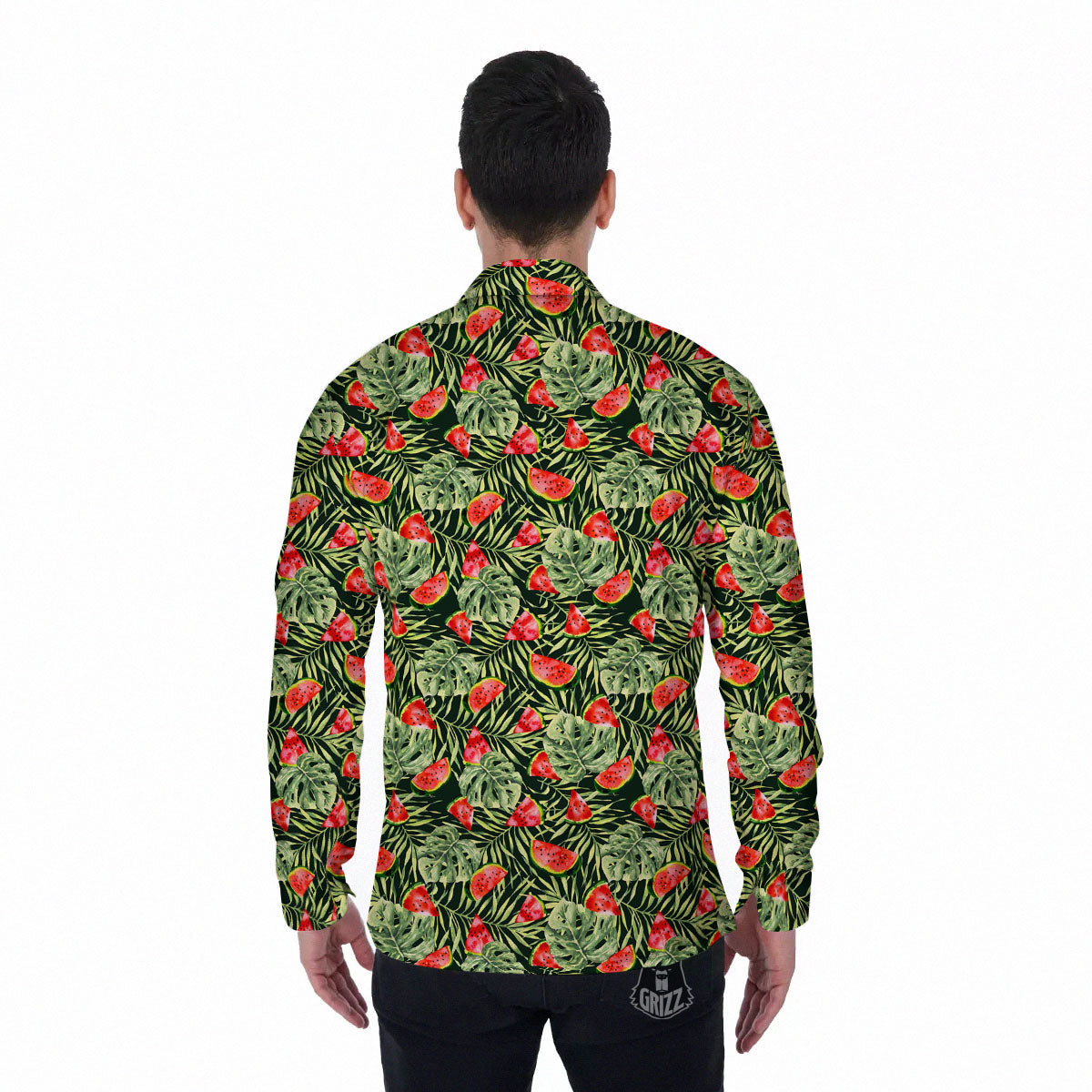 Leaf Palm Watermelon Black Print Pattern Men's Long Sleeve Shirts-grizzshop