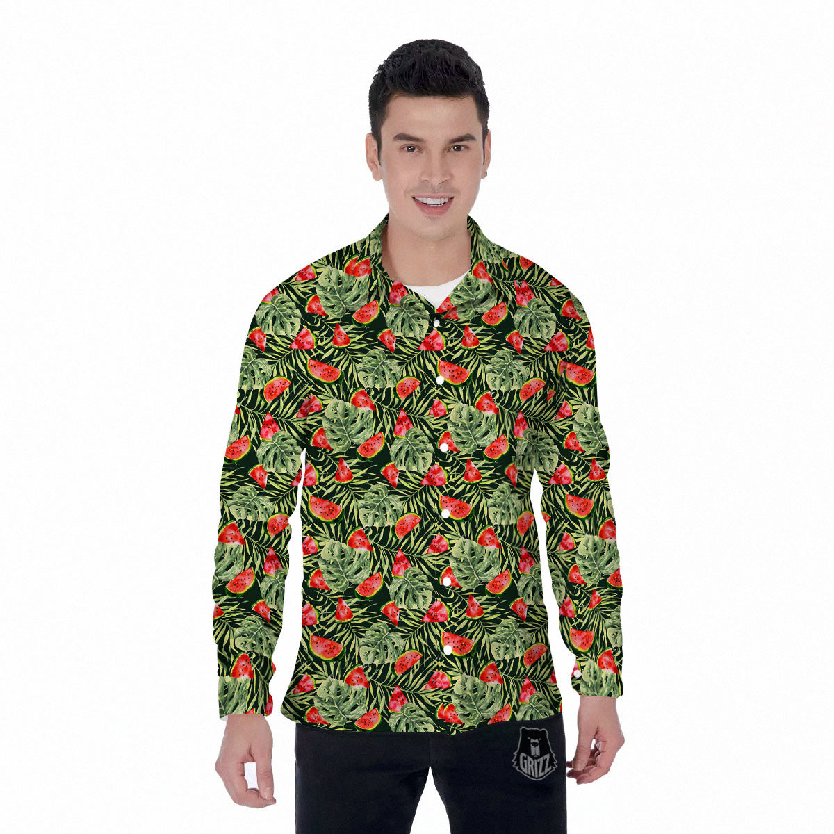 Leaf Palm Watermelon Black Print Pattern Men's Long Sleeve Shirts-grizzshop