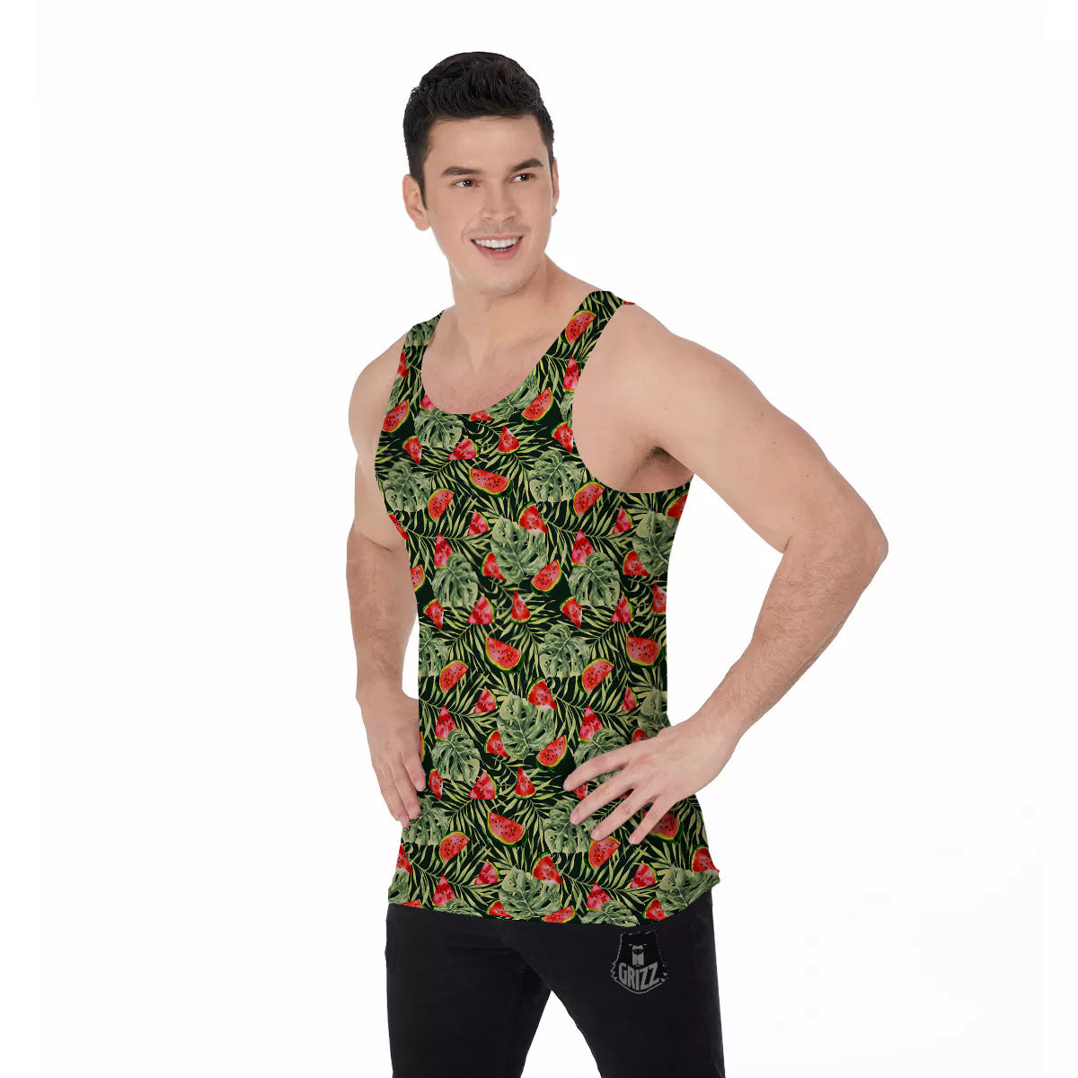 Leaf Palm Watermelon Black Print Pattern Men's Tank Top-grizzshop