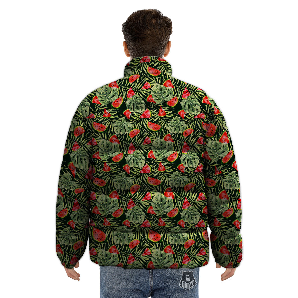 Leaf Palm Watermelon Black Print Pattern Puffer Jacket-grizzshop