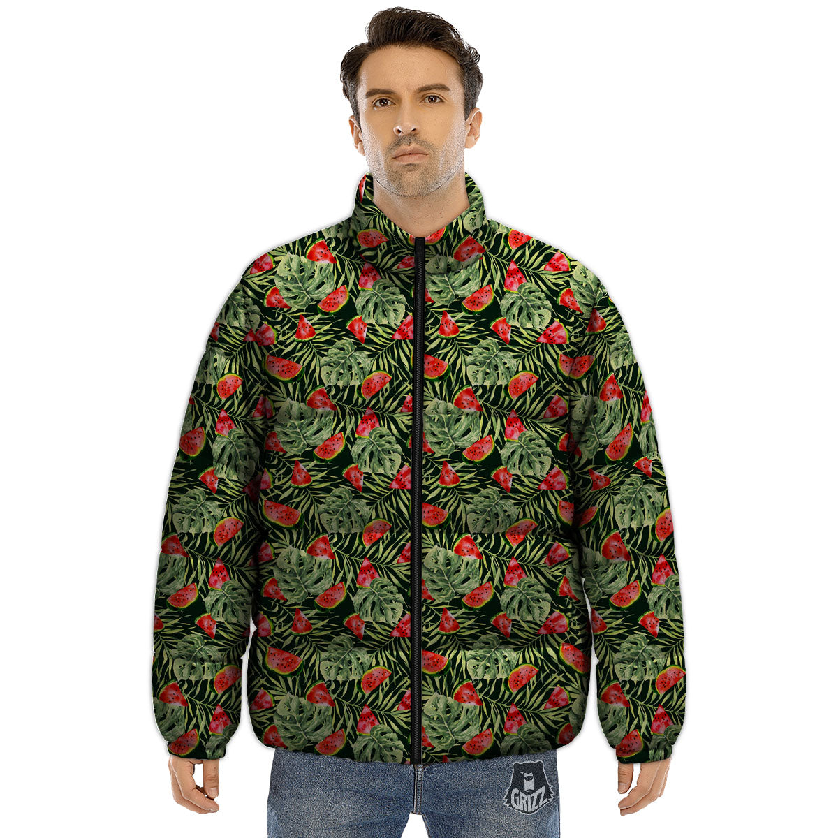 Leaf Palm Watermelon Black Print Pattern Puffer Jacket-grizzshop