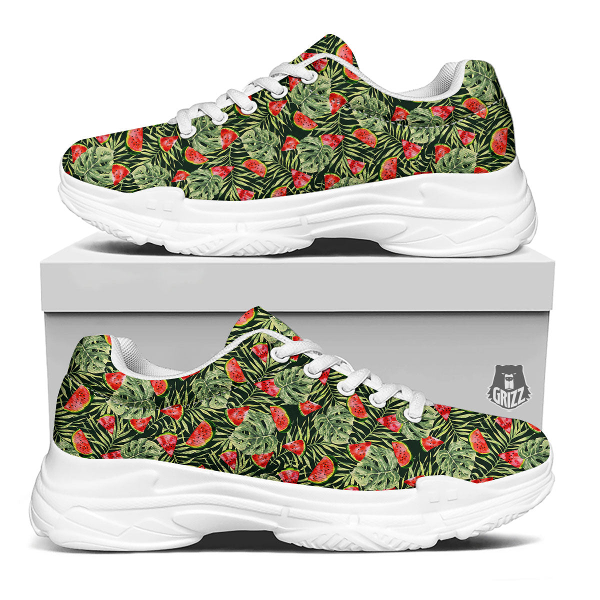 Leaf Palm Watermelon Black Print Pattern White Chunky Shoes-grizzshop