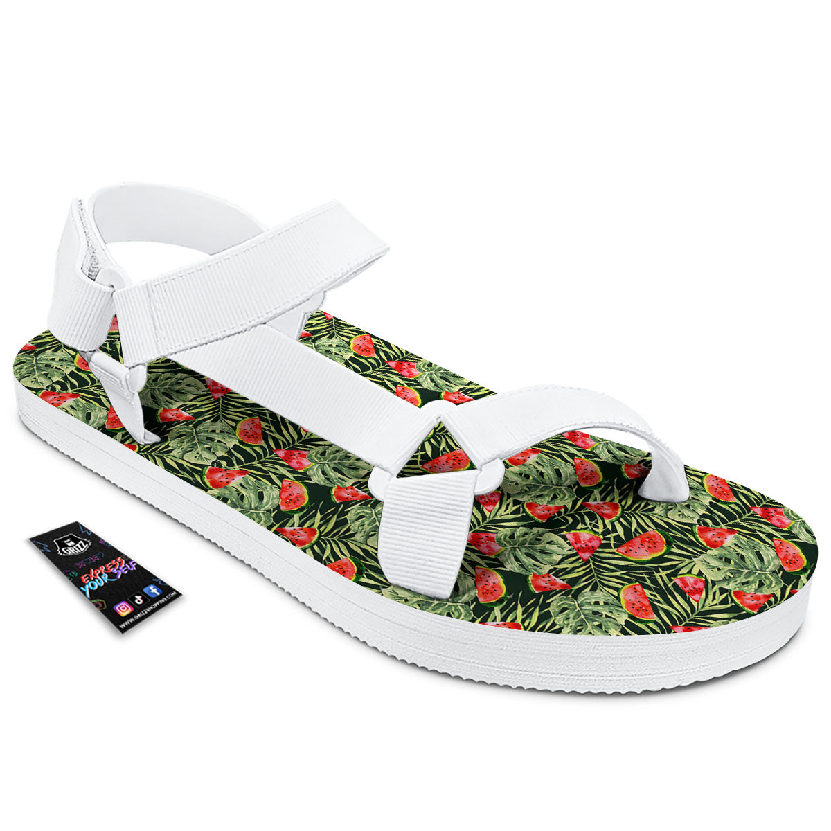 Leaf Palm Watermelon Black Print Pattern White Open Toe Sandals-grizzshop