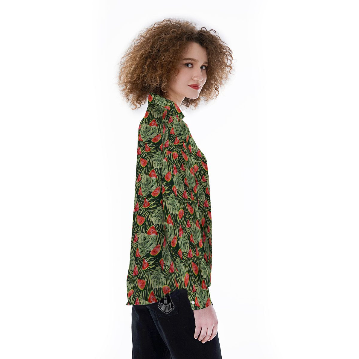 Leaf Palm Watermelon Black Print Pattern Women's Long Sleeve Shirts-grizzshop